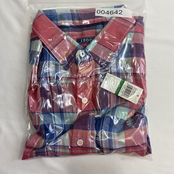 Izod Madras Linen Blend Shirt Mens Large Pink & Blue Plaid SS Lightweight Preppy - Picture 7 of 7